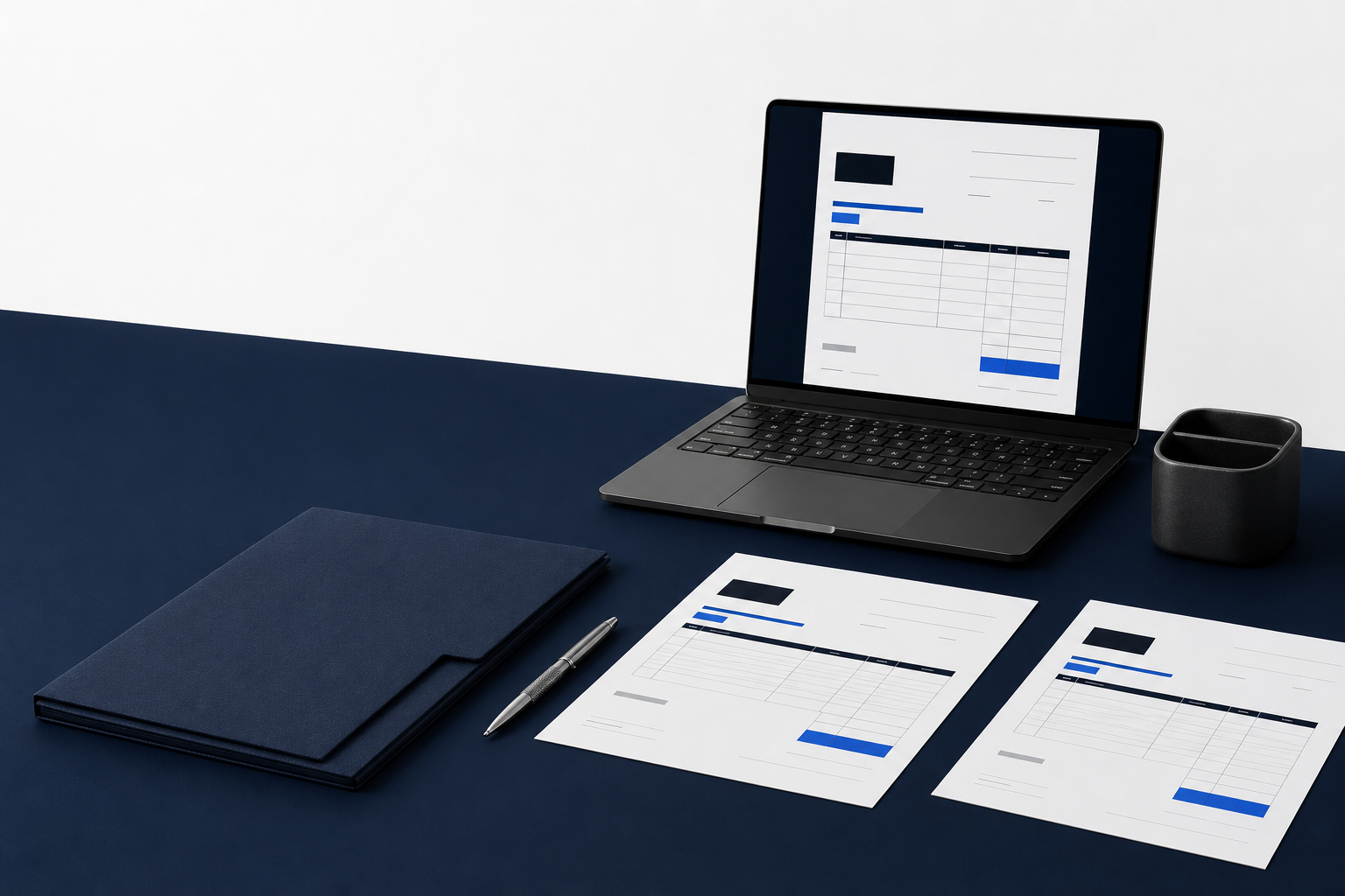 A professional invoice template shown on a laptop and printed business documents